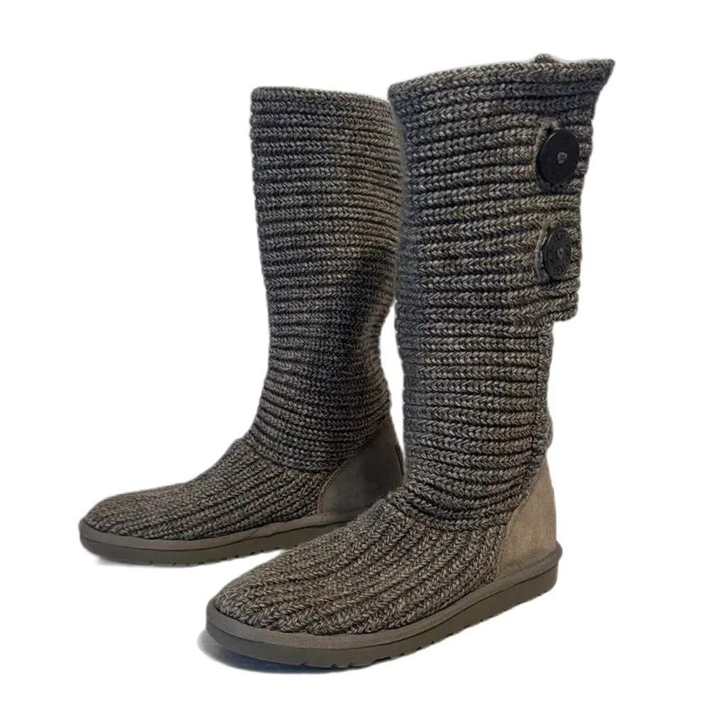 UGG Cardy 5649 Gray Sock Knit Tall Button Slipper Winter Boots Womens 6